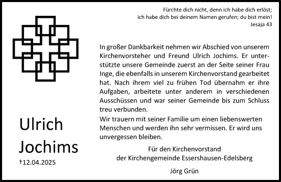 Traueranzeige von Ulrich Jochims von Weilburger Tageblatt