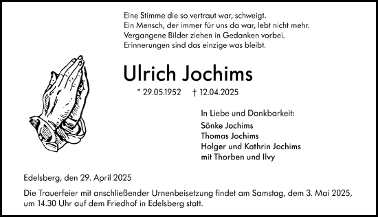 Traueranzeige von Ulrich Jochims von Weilburger Tageblatt