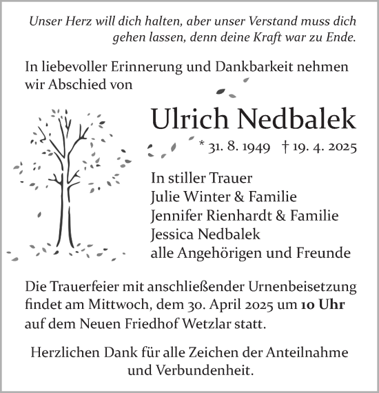Traueranzeige von Ulrich Nedbalek von Wetzlarer Neue Zeitung