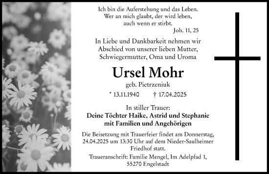 Traueranzeige von Ursel Mohr von Allgemeine Zeitung Alzey