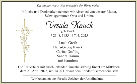 Traueranzeige von Ursula Kauck von Wetzlarer Neue Zeitung