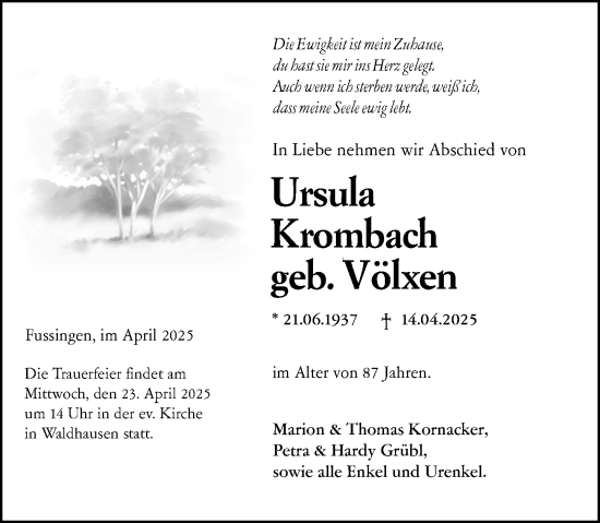 Traueranzeige von Ursula Krombach von Weilburger Tageblatt