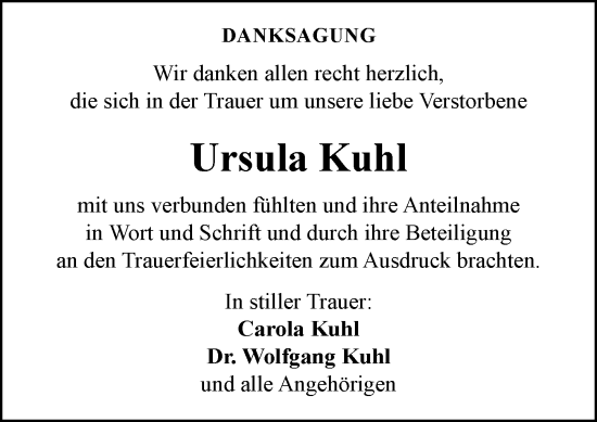 Traueranzeige von Ursula Kuhl von Wetzlarer Neue Zeitung