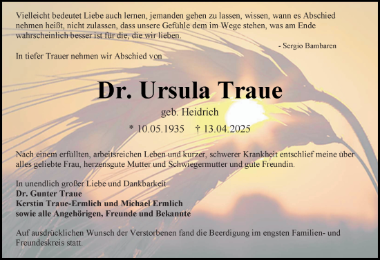 Traueranzeige von Ursula Traue von Allgemeine Zeitung Mainz