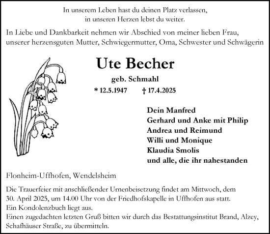 Traueranzeige von Ute Becher von Allgemeine Zeitung Alzey