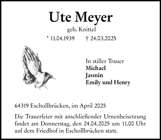 Traueranzeige von Ute Meyer von Darmstädter Echo