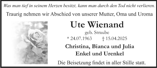 Traueranzeige von Ute Wienand von Allgemeine Zeitung Rheinhessen-Nahe