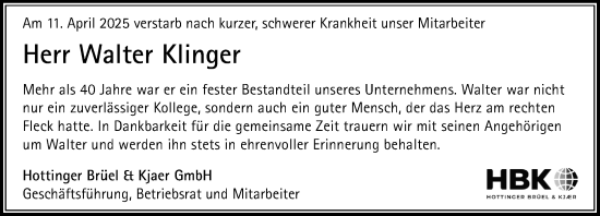 Traueranzeige von Walter Klinger von Odenwälder Echo