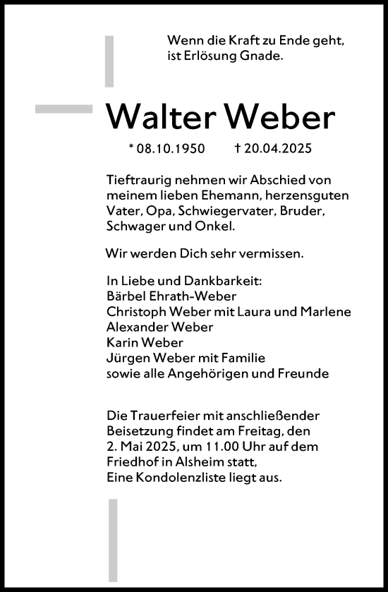 Traueranzeige von Walter Weber von Wormser Zeitung