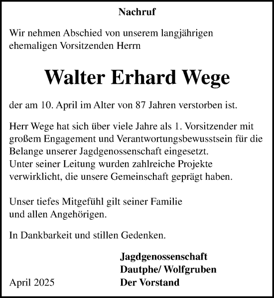 Traueranzeige von Walter Erhard Wege von Hinterländer Anzeiger