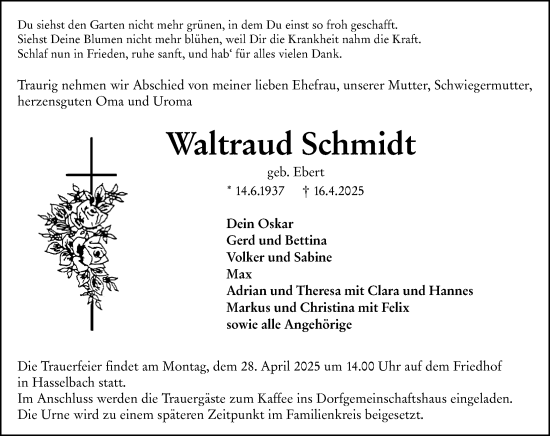 Traueranzeige von Waltraud Schmidt von Weilburger Tageblatt
