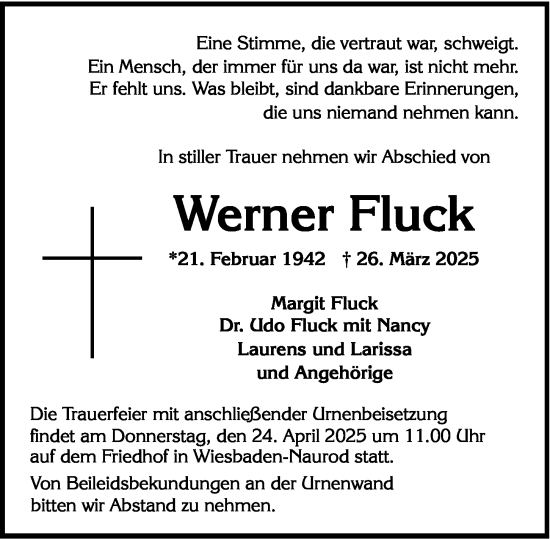Traueranzeige von Werner Fluck von Wiesbadener Kurier