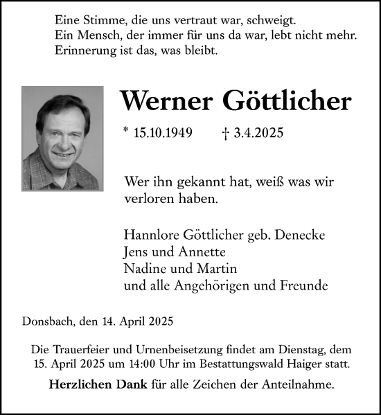 Traueranzeige von Werner Göttlicher von Dill Block