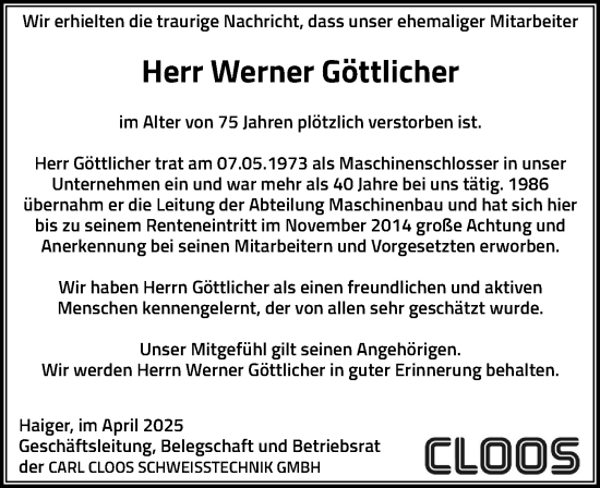 Traueranzeige von Werner Göttlicher von Dill Block
