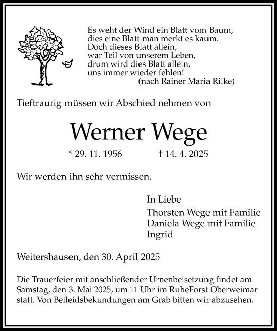Traueranzeige von Werner Wege von Hinterländer Anzeiger