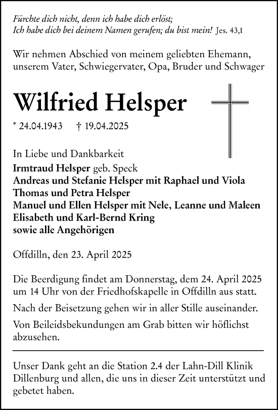 Traueranzeige von Wilfried Helsper von Dill Block