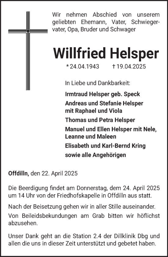 Traueranzeige von Willfried Helsper von Dill Block