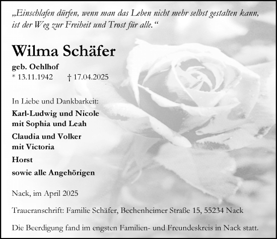 Traueranzeige von Wilma Schäfer von Allgemeine Zeitung Alzey