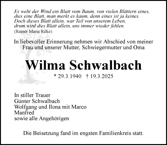 Traueranzeige von Wilma Schwalbach von Allgemeine Zeitung Mainz