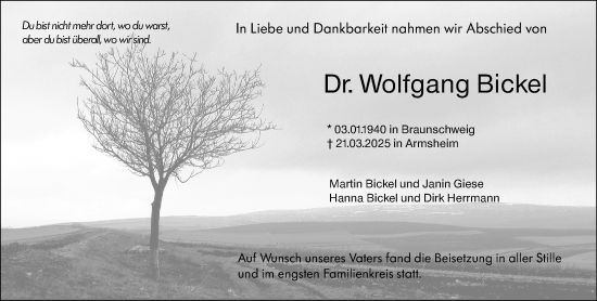 Traueranzeige von Wolfgang Bickel von Allgemeine Zeitung Alzey