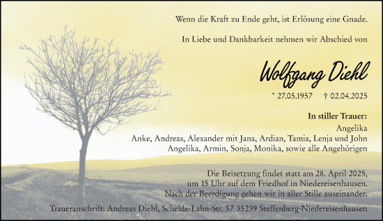 Traueranzeige von Wolfgang Diehl von Hinterländer Anzeiger