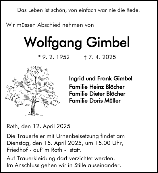 Traueranzeige von Wolfgang Gimbel von Hinterländer Anzeiger