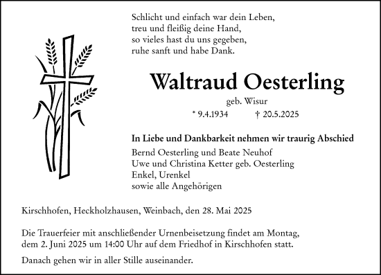 Traueranzeige von Waltraud Oesterling von Weilburger Tageblatt