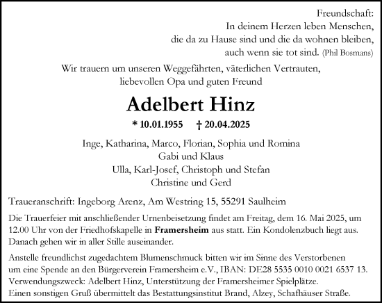 Traueranzeige von Adelbert Hinz von Allgemeine Zeitung Alzey