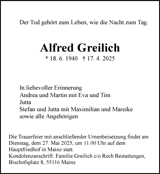 Traueranzeige von Alfred Greilich von Allgemeine Zeitung Mainz