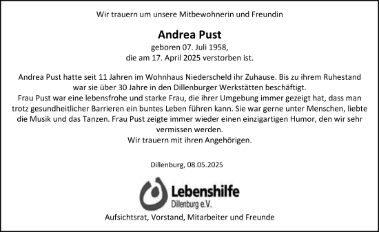 Traueranzeige von Andrea Pust von Dill Block