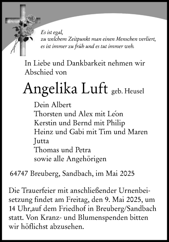 Traueranzeige von Angelika Luft von Odenwälder Echo