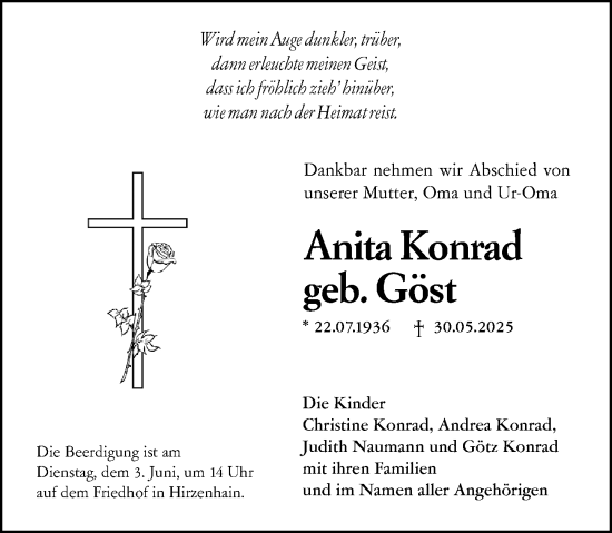 Traueranzeige von Anita Konrad von Dill Block