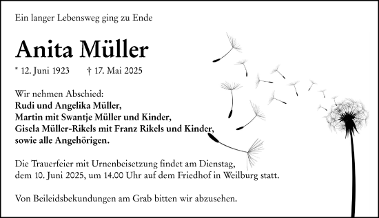 Traueranzeige von Anita Müller von Weilburger Tageblatt
