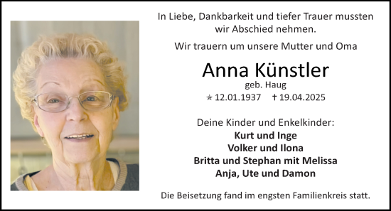 Traueranzeige von Anna Künstler von Allgemeine Zeitung Mainz