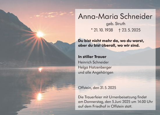 Traueranzeige von Anna-Maria Schneider von Wormser Zeitung