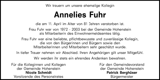 Traueranzeige von Annelies Fuhr von Idsteiner Land/Untertaunus