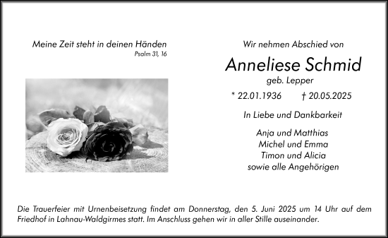 Traueranzeige von Anneliese Schmid von Wetzlarer Neue Zeitung
