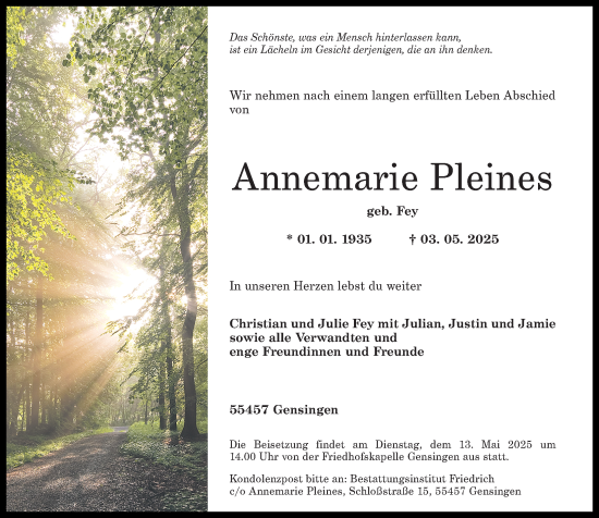 Traueranzeige von Annemarie Pleines von Allgemeine Zeitung Rheinhessen-Nahe