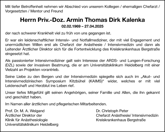 Traueranzeige von Armin Thomas Dirk Kalenka von Starkenburger Echo