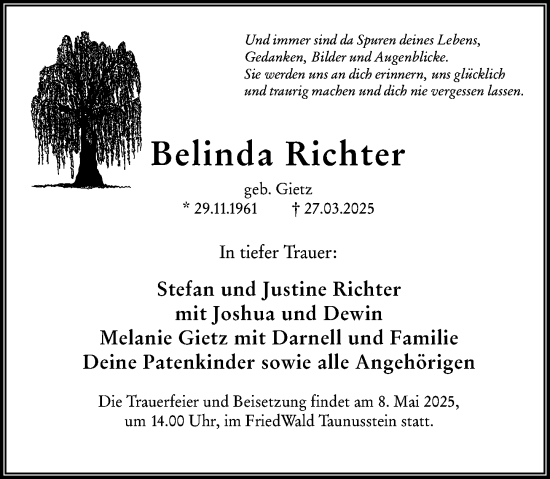 Traueranzeige von Belinda Richter von Wiesbadener Kurier