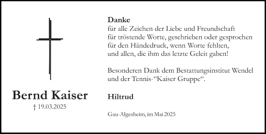 Traueranzeige von Bernd Kaiser von Allgemeine Zeitung Rheinhessen-Nahe