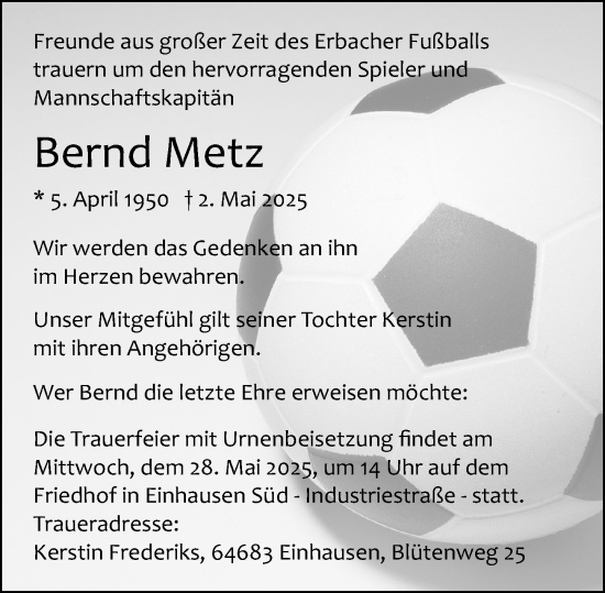 Traueranzeige von Bernd Metz von Odenwälder Echo