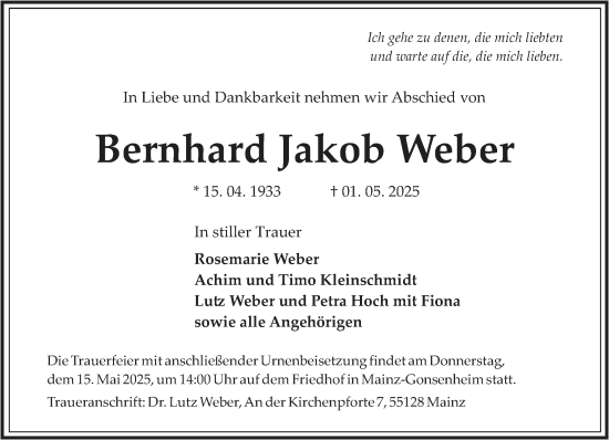 Traueranzeige von Bernhard Jakob Weber von Wiesbadener Kurier