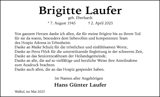 Traueranzeige von Brigitte Laufer von Wiesbadener Kurier