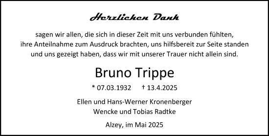 Traueranzeige von Bruno Trippe von Allgemeine Zeitung Alzey