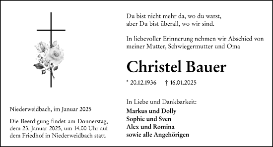 Traueranzeige von Christel Bauer von Wetzlarer Neue Zeitung