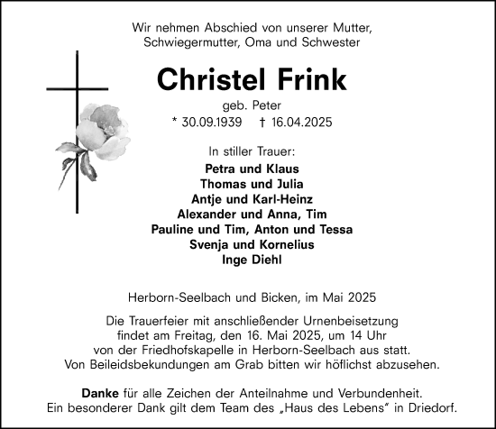 Traueranzeige von Christel Frink von Dill Block