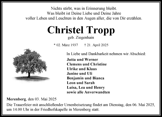 Traueranzeige von Christel Tropp von Weilburger Tageblatt