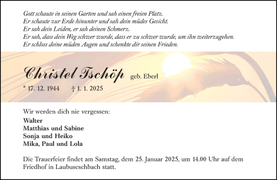 Traueranzeige von Christel Tschöp von Weilburger Tageblatt