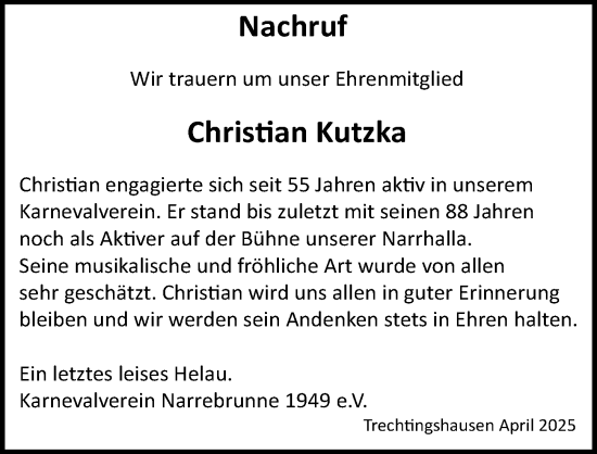 Traueranzeige von Christian Kutzka von Binger-/Ingelheimer Wochenblatt